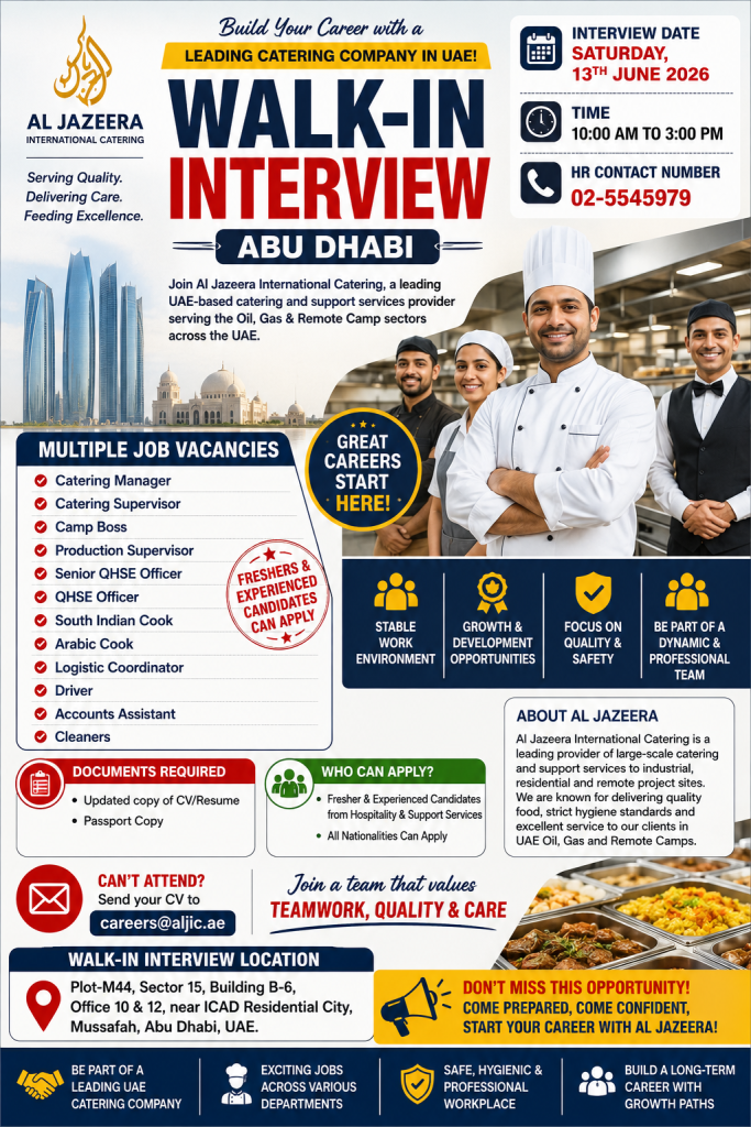 Catering Walk in Interview in Abu Dhabi