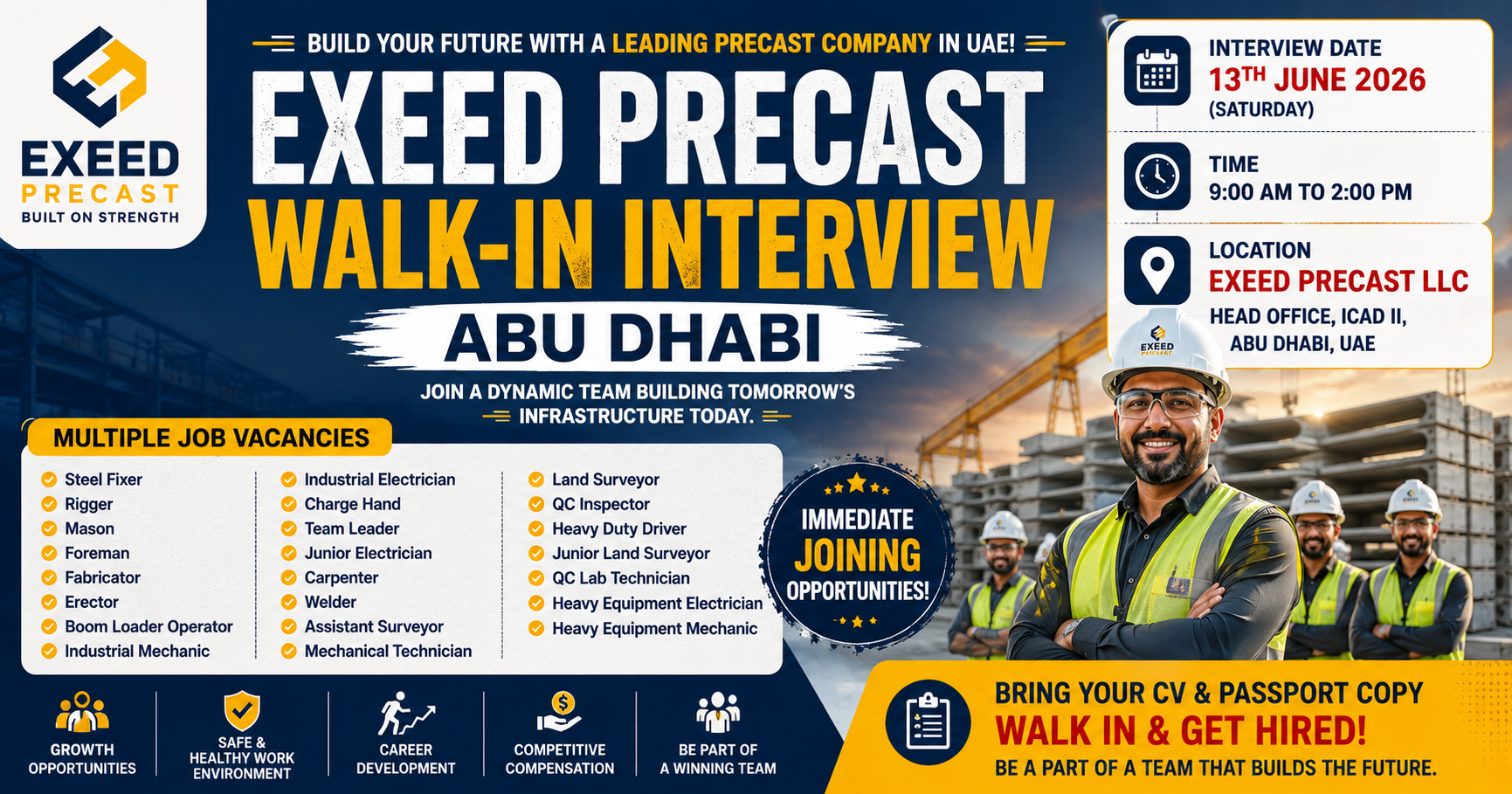 Exeed Precast Walk in Interview Abu Dhabi for Multiple Positions