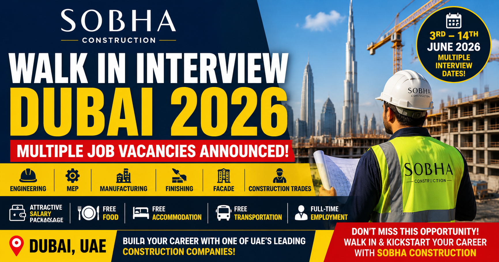 Sobha Construction Walk in Interview Dubai 2026 – Multiple Job Vacancies Announced